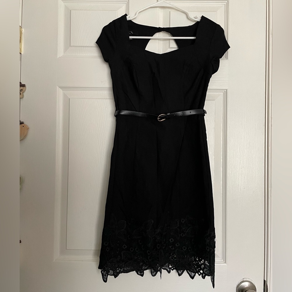 BCX Black Mini Dress with Back Cutout, Belt, and embroidered floral bottom